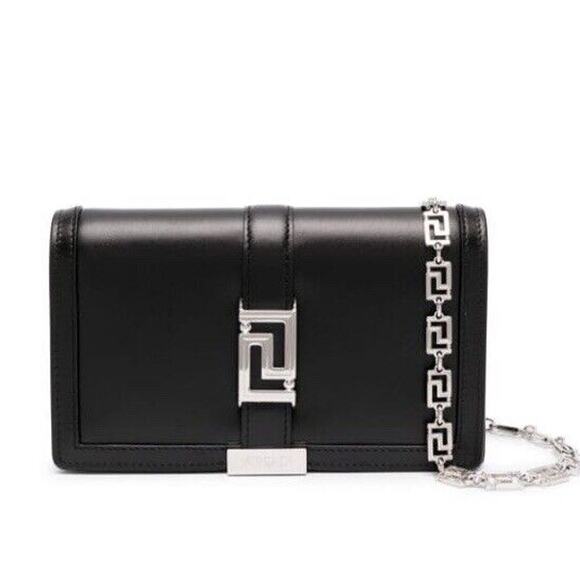 Versace Greca Goddess Black Leather Mini Crossbody Bag Silver Chain NWT $1495 - Picture 1 of 15